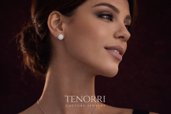 Elegant woman wearing TENORRI diamond halo stud earrings 8.22mm