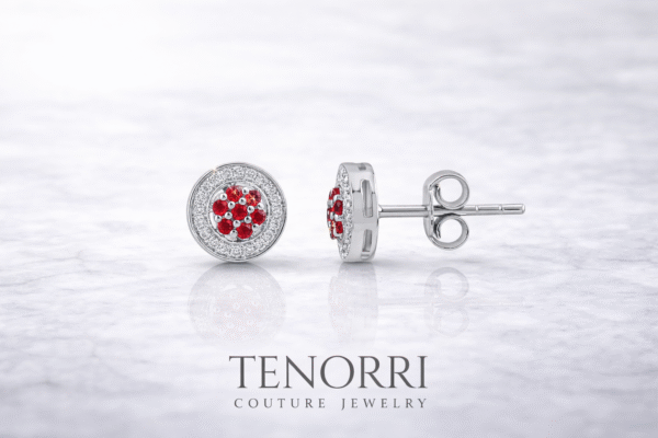 Close-up ruby halo earrings TENORRI red stones cluster luxury design