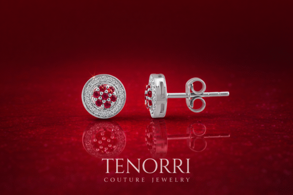 Close-up ruby halo earrings TENORRI red stones cluster luxury design