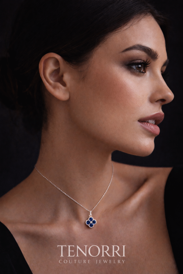 Elegant woman wearing TENORRI sapphire bloom necklace
