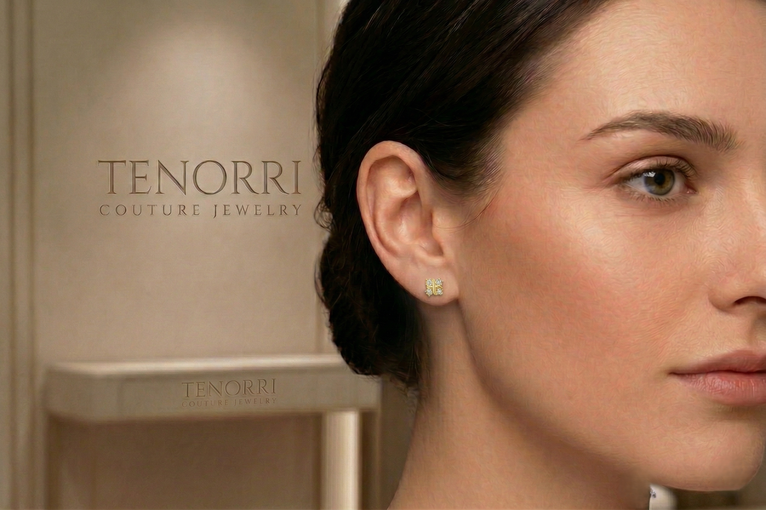 tenorri-diamond-earrings-model.jpg Elegant woman wearing TENORRI diamond earrings