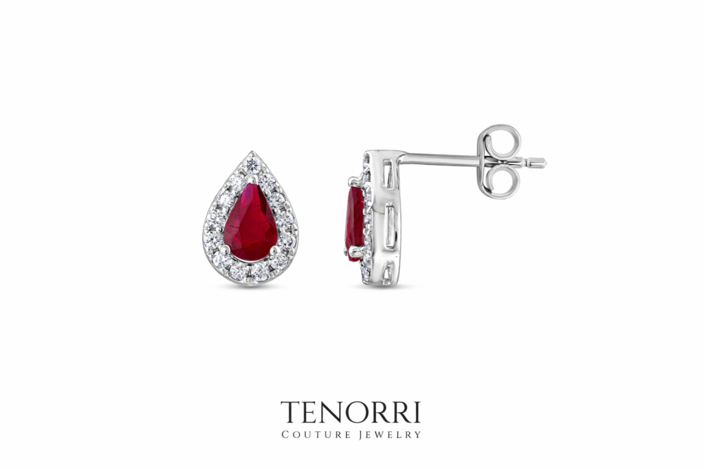 TENORRI ruby diamond earrings 14K gold pear shape halo