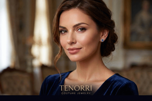 Elegant woman wearing TENORRI sapphire diamond earrings