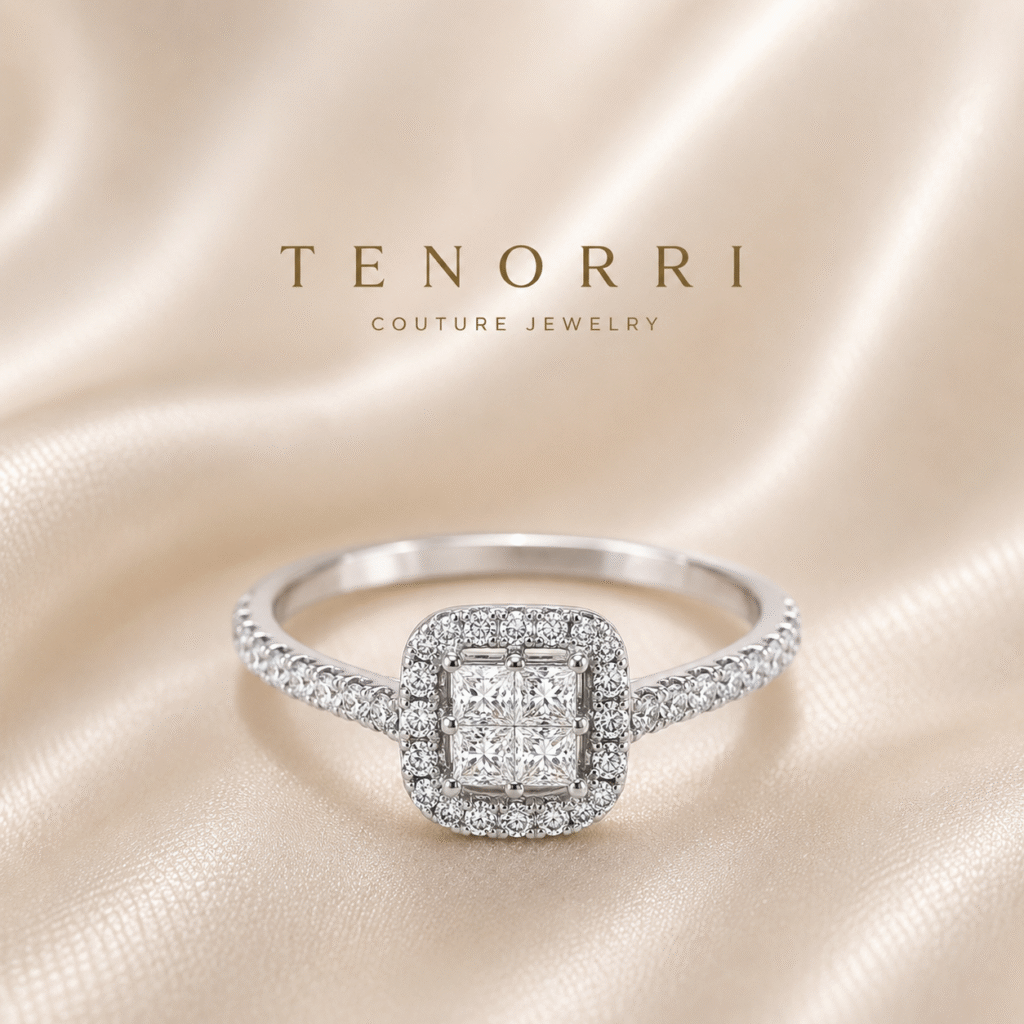 TENORRI 14K gold princess halo diamond ring