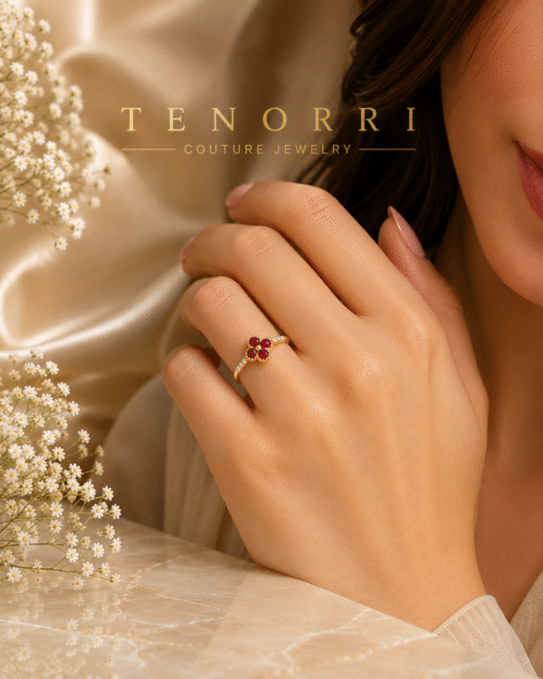 Woman wearing TENORRI RUBY BLOSSOM ruby and diamond ring