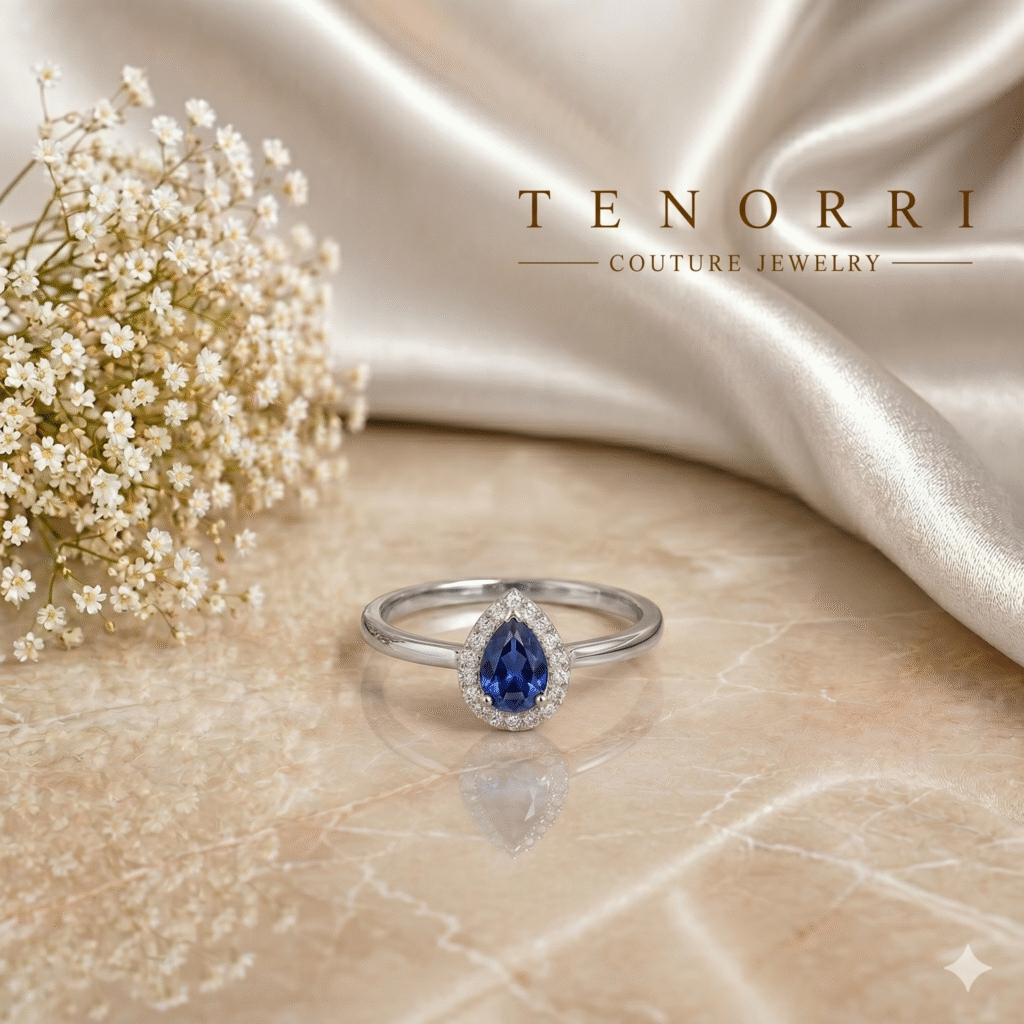 TENORRI sapphire halo ring in white gold with natural sapphire and diamonds